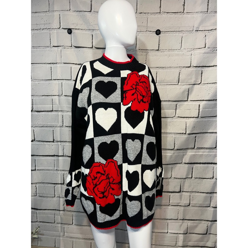 1980s Traffic Jam Heart Rose Checkered Knit Sweater Black Red White USA Made